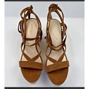 Guess Faux Suede Wedges Cork Brown Boho Strappy Ankle Wrap Size 8